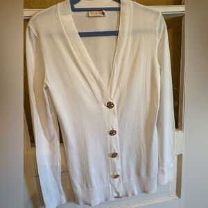 Tory Burch White Cotton Cardigan V Neck Cable Edges Sz M